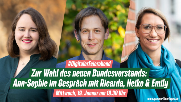 Dein Digitaler Feierabend: „Zur Wahl des neuen Bundesvorstands: Ann-Sophie im Gespräch mit Ricarda, Heiko und Emily“